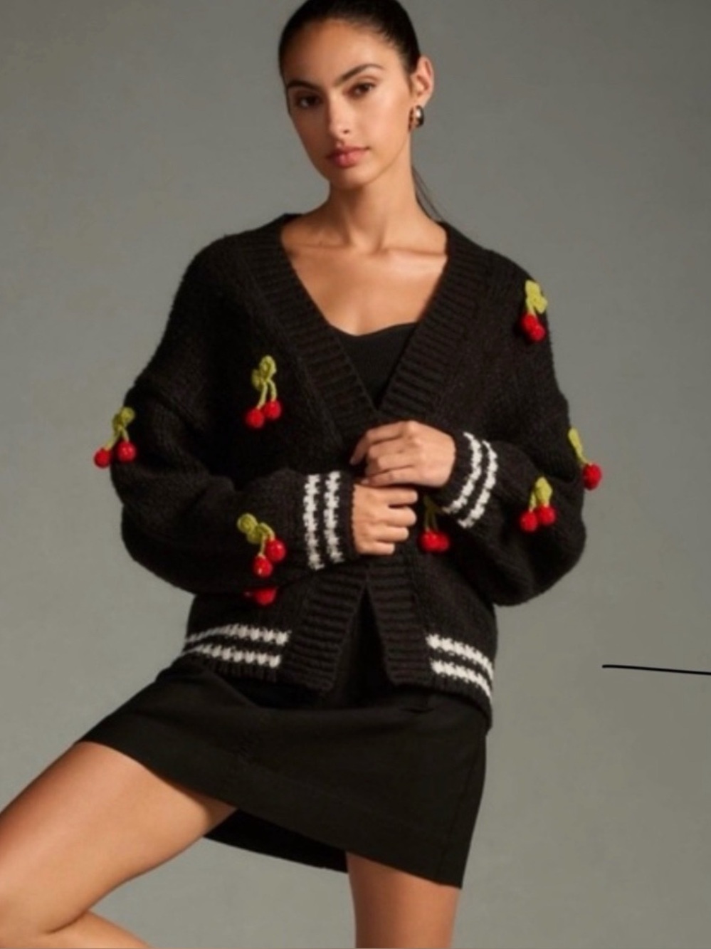 Maeve for Anthropologie cardigan w 3D knit cherry appliques and varsity stripes